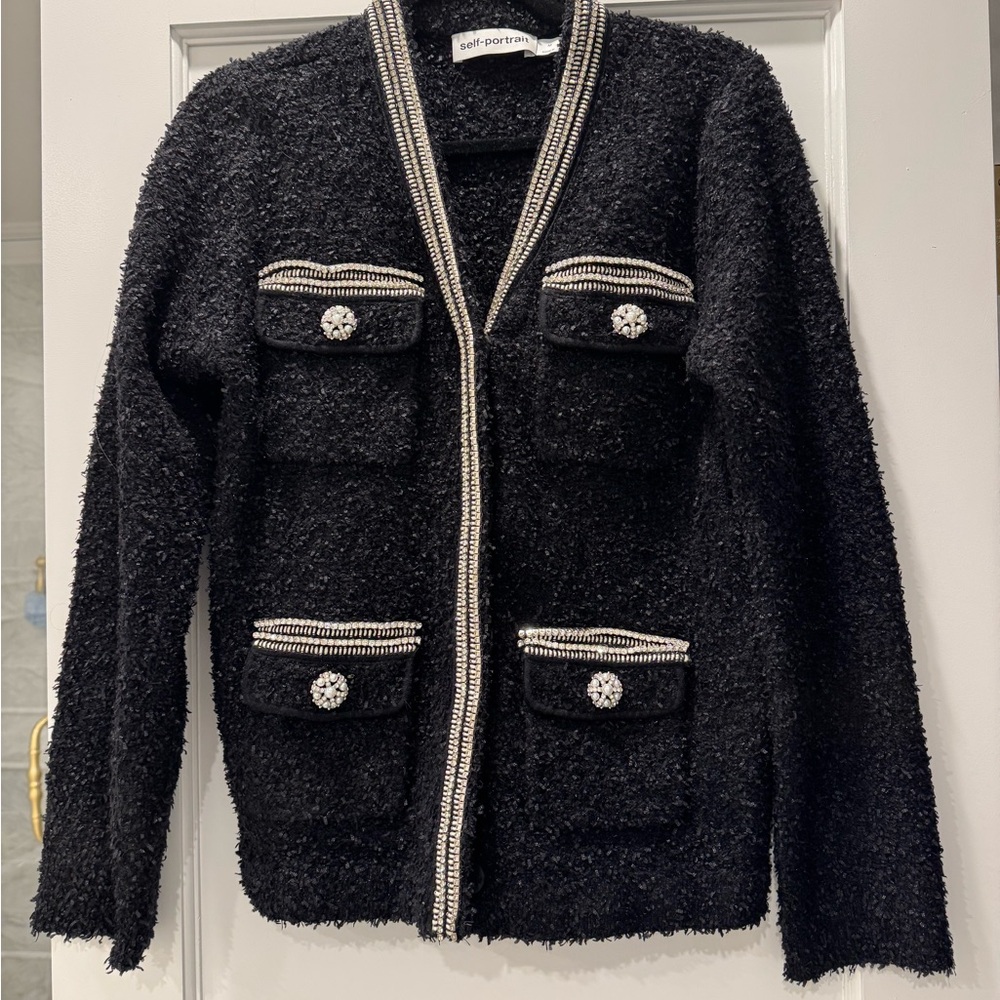 Self-Portrait Textured Black Jacket with Silver Detailing